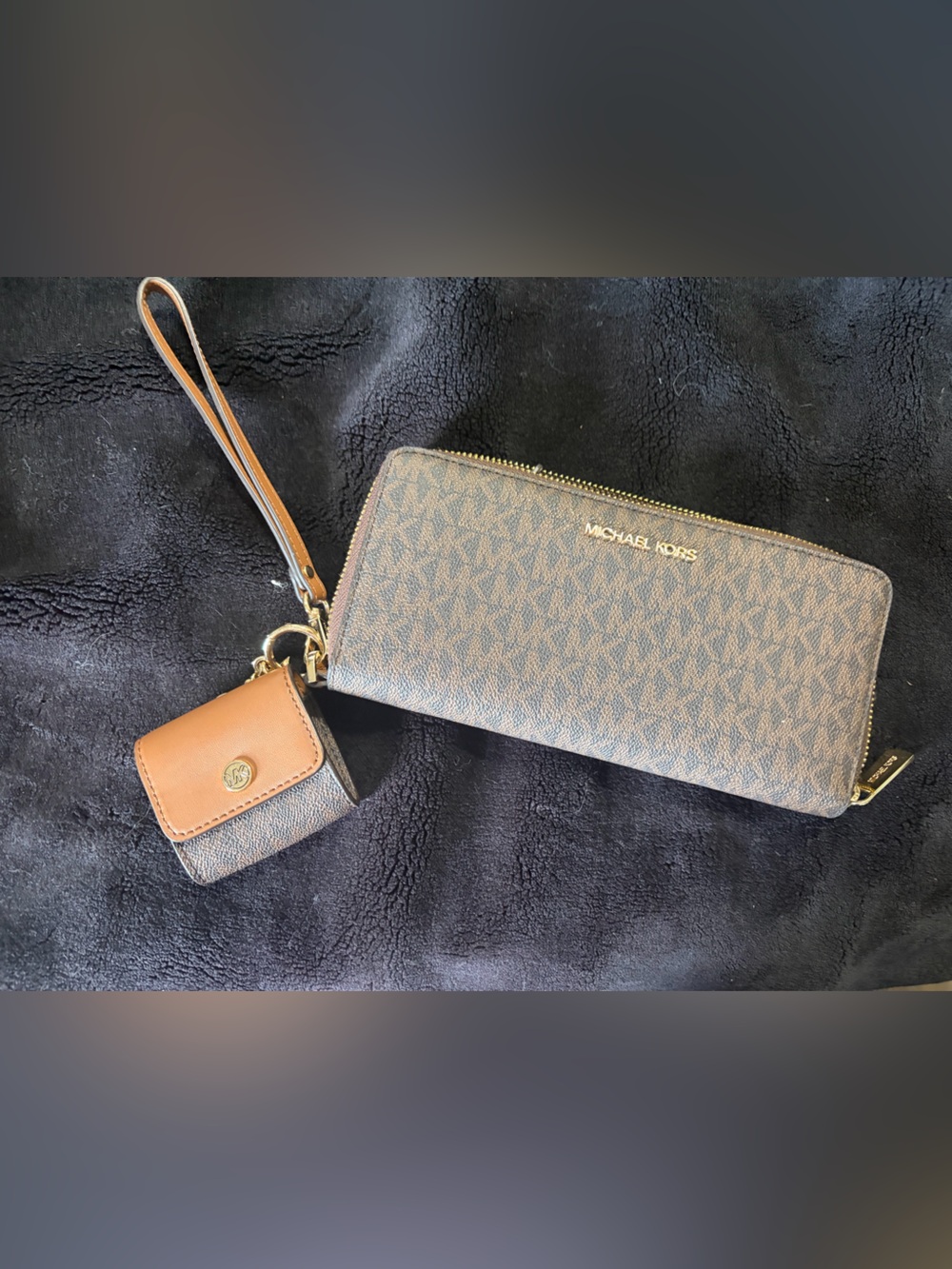 Michael Kors Brown Signature Wristlet and Matching Key/Card Holder